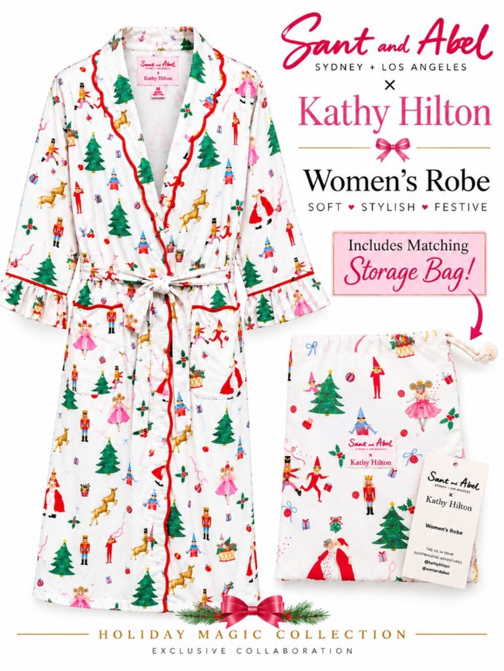 Sant and Abel x Kathy Hilton Christmas Magic Cotton Robe M + Storage Pouch